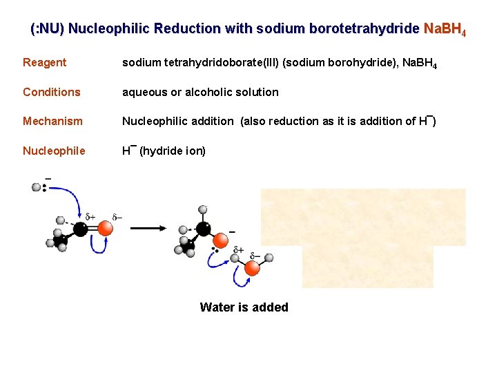 (: NU) Nucleophilic Reduction with sodium borotetrahydride Na. BH 4 Reagent sodium tetrahydridoborate(III) (sodium