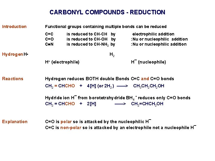 CARBONYL COMPOUNDS - REDUCTION Introduction Functional groups containing multiple bonds can be reduced C=C