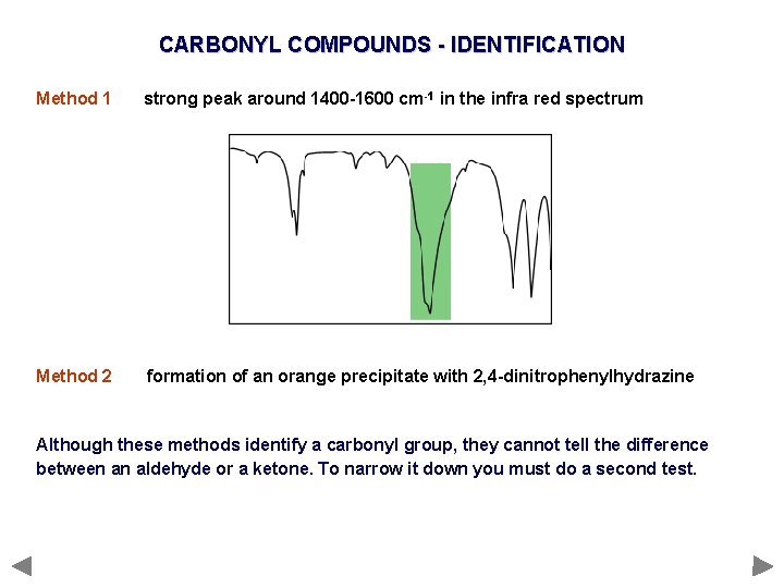 CARBONYL COMPOUNDS - IDENTIFICATION Method 1 strong peak around 1400 -1600 cm-1 in the