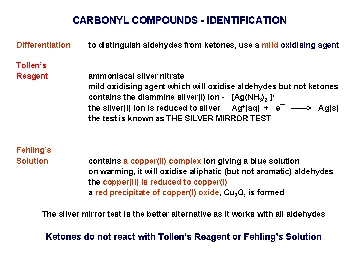 CARBONYL COMPOUNDS - IDENTIFICATION Differentiation Tollen’s Reagent Fehling’s Solution to distinguish aldehydes from ketones,