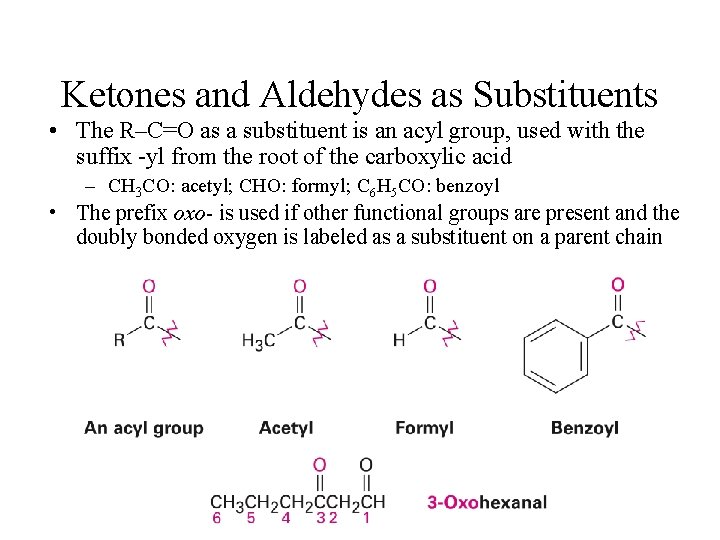 Ketones and Aldehydes as Substituents • The R–C=O as a substituent is an acyl