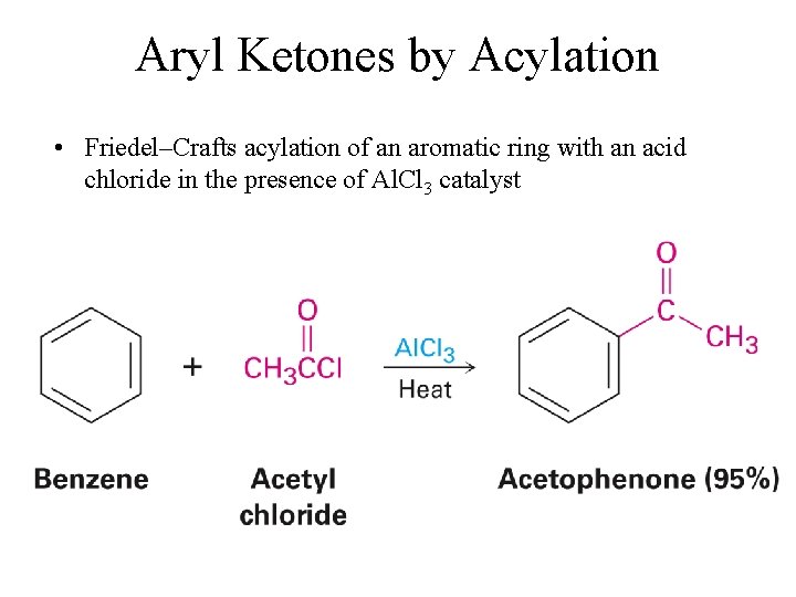 Aryl Ketones by Acylation • Friedel–Crafts acylation of an aromatic ring with an acid