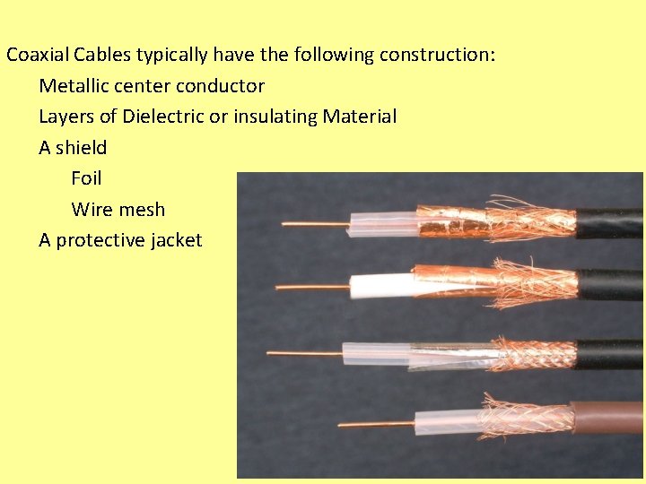 Coaxial Cables typically have the following construction: Metallic center conductor Layers of Dielectric or Coaxial Cables typically have the following construction: Metallic center conductor Layers of Dielectric or