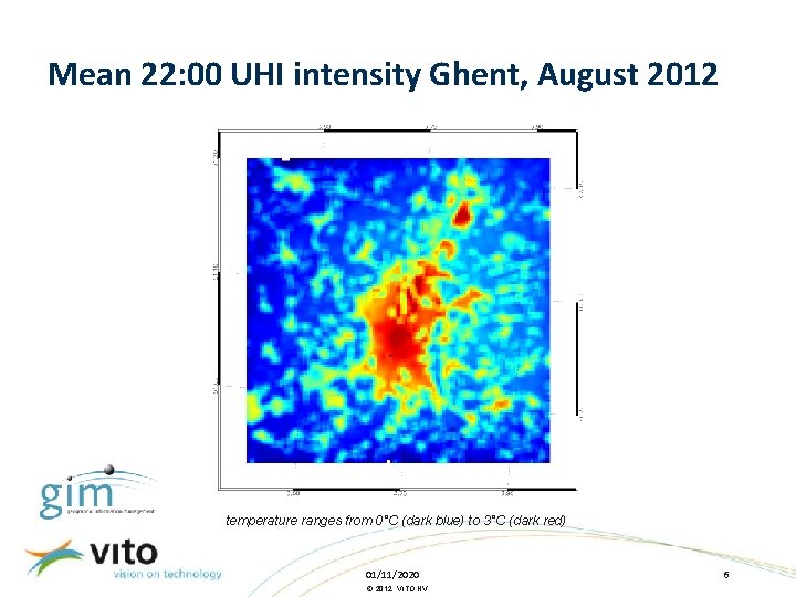 Mean 22: 00 UHI intensity Ghent, August 2012 temperature ranges from 0°C (dark blue)