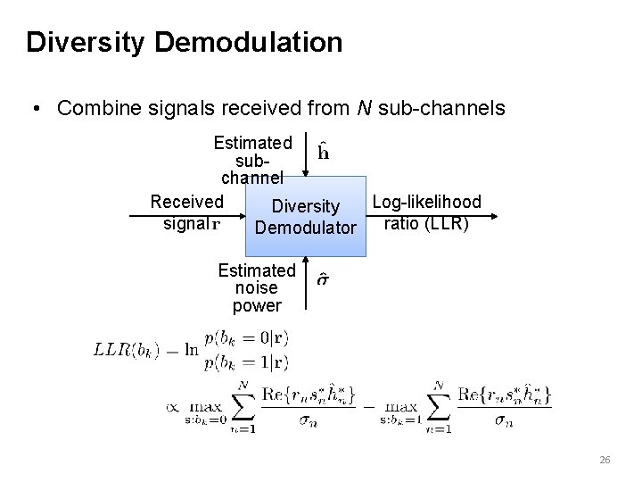 Diversity Demodulation • Combine signals received from N sub-channels Estimated subchannel Received Log-likelihood Diversity