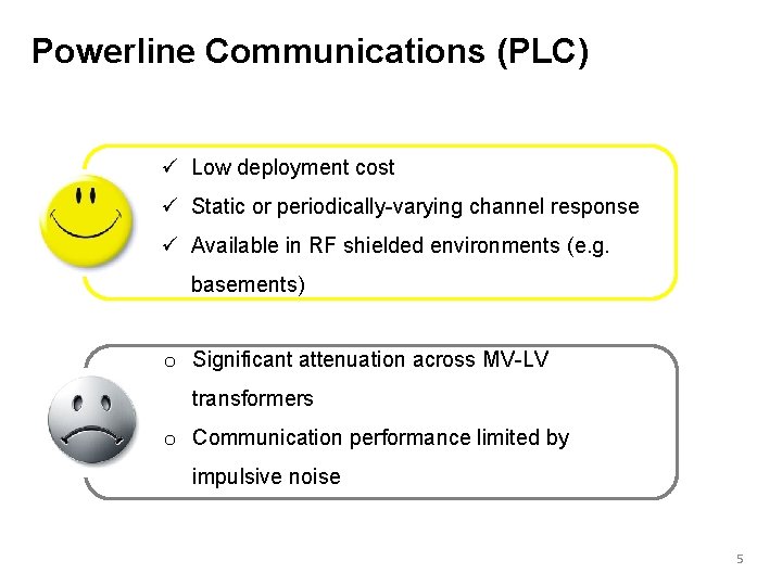 Powerline Communications (PLC) Low deployment cost Static or periodically-varying channel response Available in RF