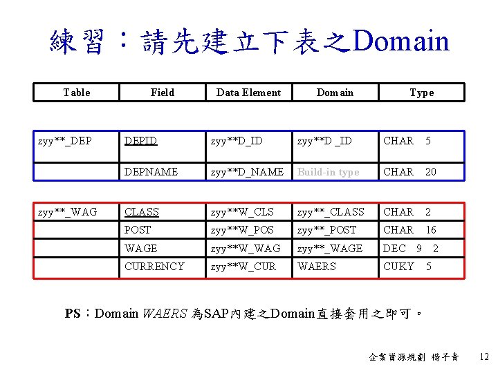 練習：請先建立下表之Domain Table zyy**_DEP zyy**_WAG Field Data Element Domain Type DEPID zyy**D_ID zyy**D _ID CHAR　5