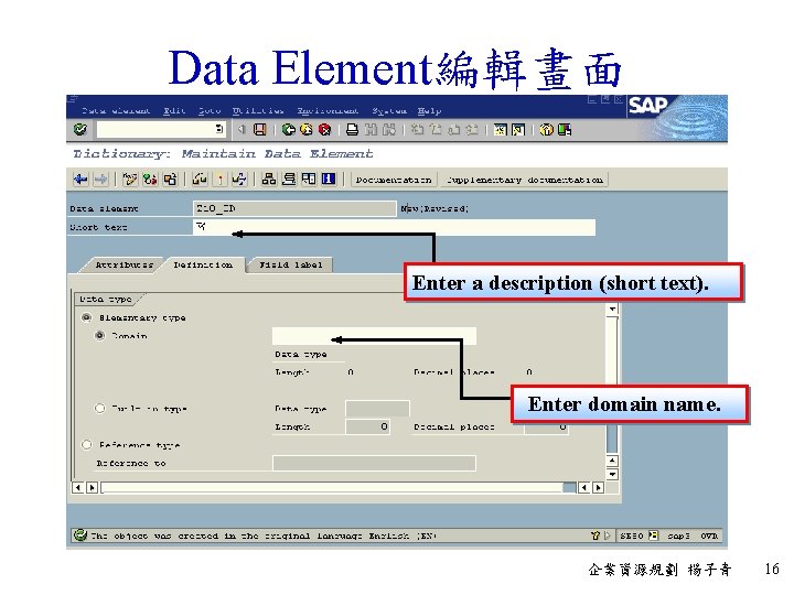 Data Element編輯畫面 Enter a description (short text). Enter domain name. 企業資源規劃 楊子青 16 