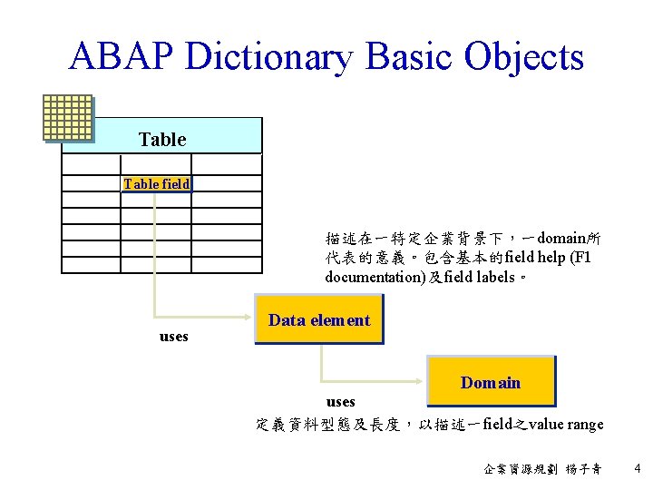 ABAP Dictionary Basic Objects Table field 描述在一特定企業背景下，一domain所 代表的意義。包含基本的field help (F 1 documentation)及field labels。 uses