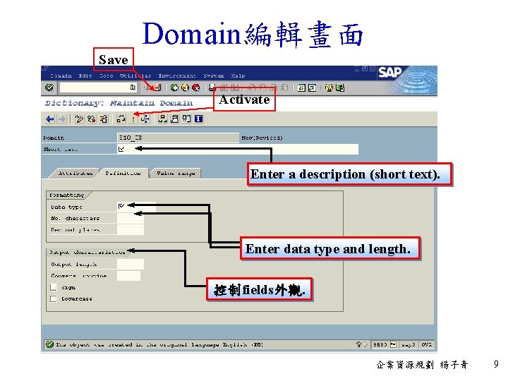 Domain編輯畫面 Save Activate Enter a description (short text). Enter data type and length. 控制fields外觀.