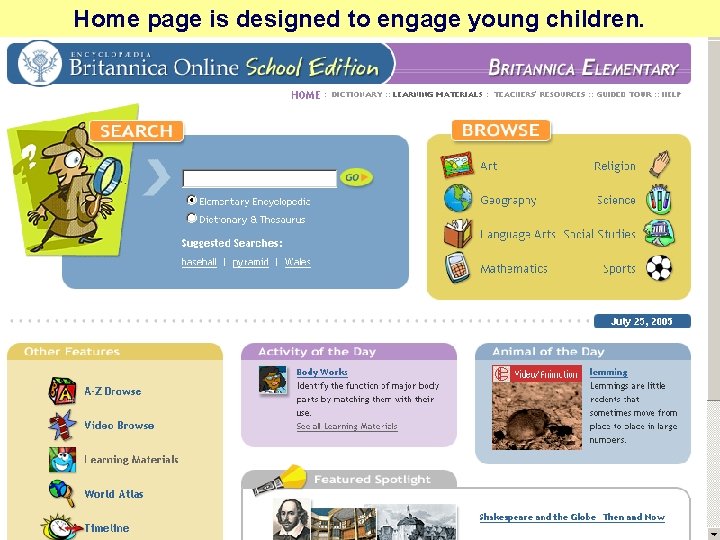 Home page is designed to engage young children. 