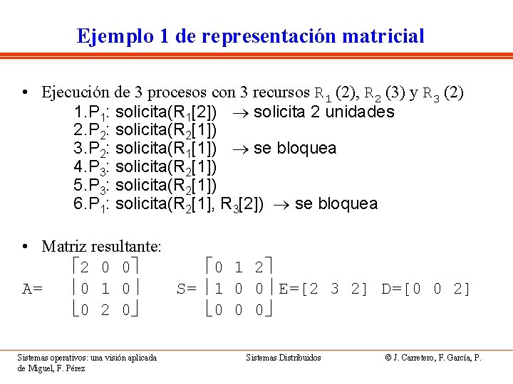 Ejemplo 1 de representación matricial • Ejecución de 3 procesos con 3 recursos R