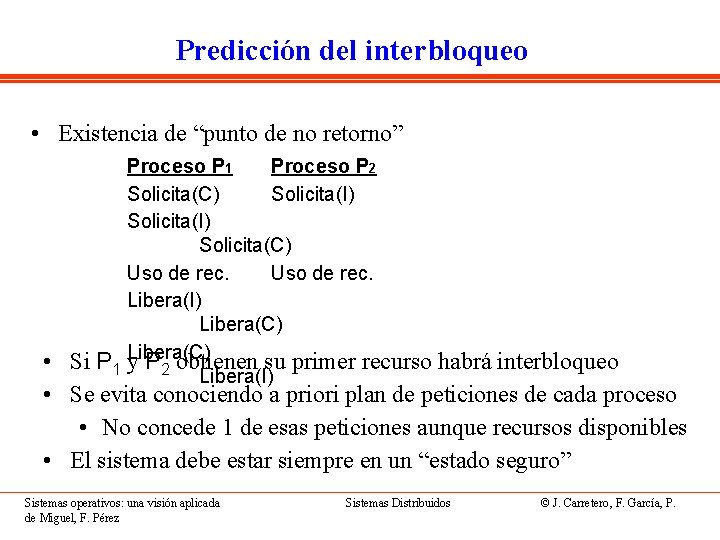 Predicción del interbloqueo • Existencia de “punto de no retorno” Proceso P 1 Proceso