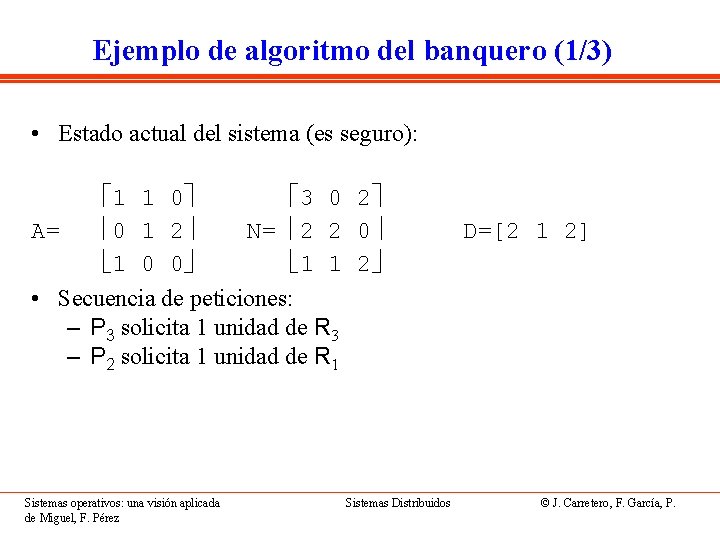 Ejemplo de algoritmo del banquero (1/3) • Estado actual del sistema (es seguro): 1
