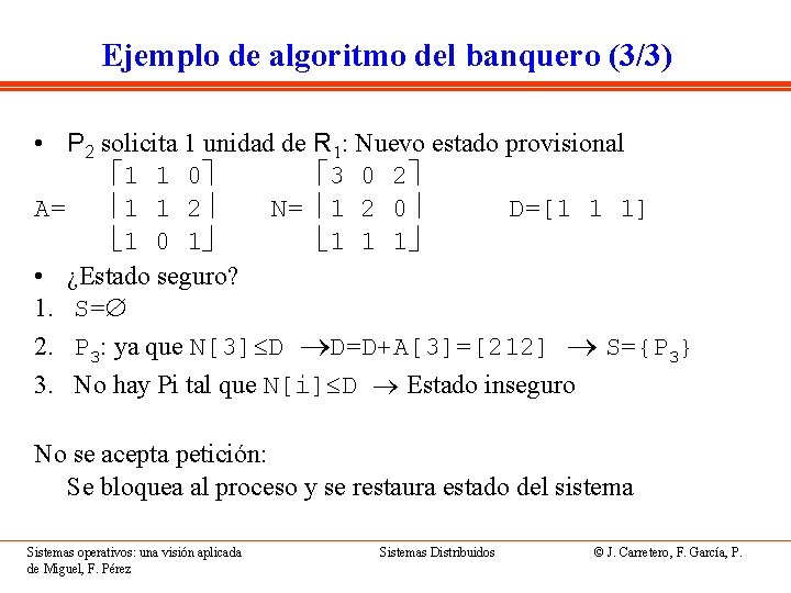 Ejemplo de algoritmo del banquero (3/3) • P 2 solicita 1 unidad de R