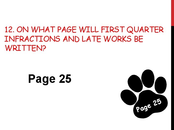 12. ON WHAT PAGE WILL FIRST QUARTER INFRACTIONS AND LATE WORKS BE WRITTEN? Page