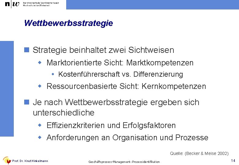 Wettbewerbsstrategie n Strategie beinhaltet zwei Sichtweisen w Marktorientierte Sicht: Marktkompetenzen Kostenführerschaft vs. Differenzierung w