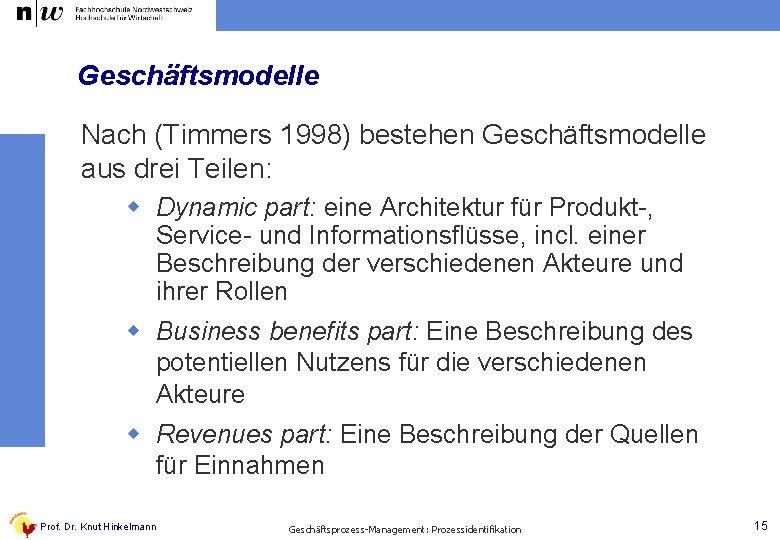 Geschäftsmodelle Nach (Timmers 1998) bestehen Geschäftsmodelle aus drei Teilen: w Dynamic part: eine Architektur