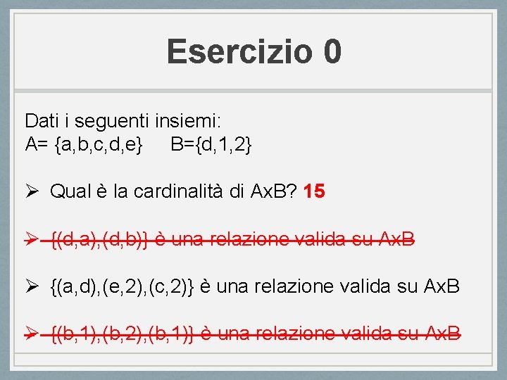 Esercizio 0 Dati i seguenti insiemi: A= {a, b, c, d, e} B={d, 1,