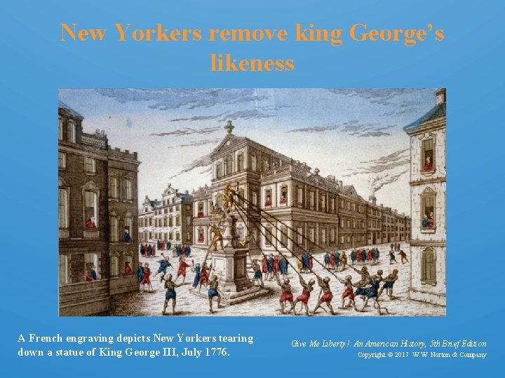 New Yorkers remove king George’s likeness A French engraving depicts New Yorkers tearing down