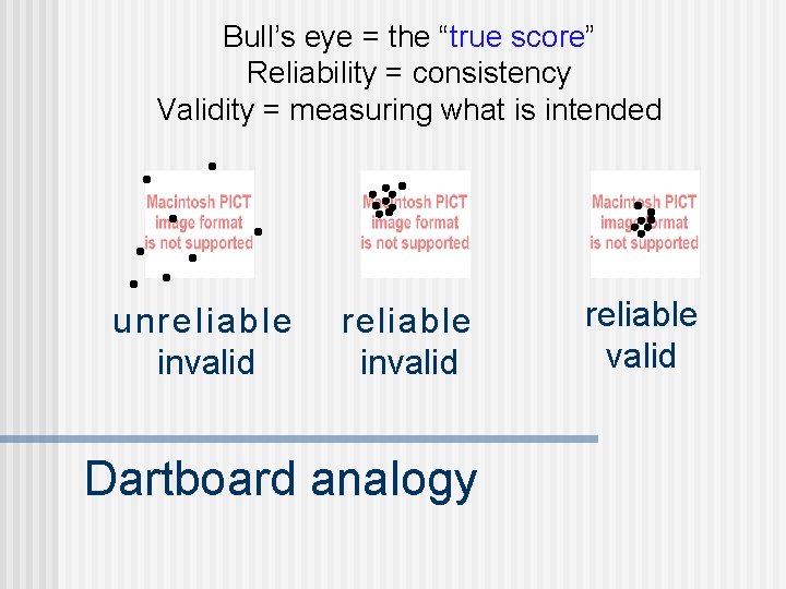 Bull’s eye = the “true score” Reliability = consistency Validity = measuring what is