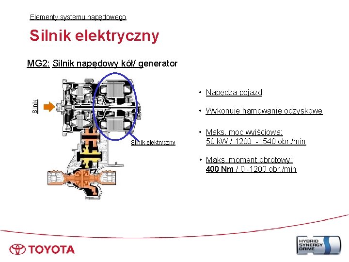 Elementy systemu napędowego Silnik elektryczny MG 2: Silnik napędowy kół/ generator Silnik • Napędza