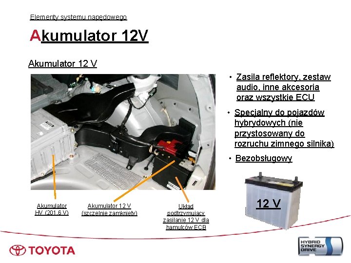 Elementy systemu napędowego Akumulator 12 V Akumulator 12 V • Zasila reflektory, zestaw audio,
