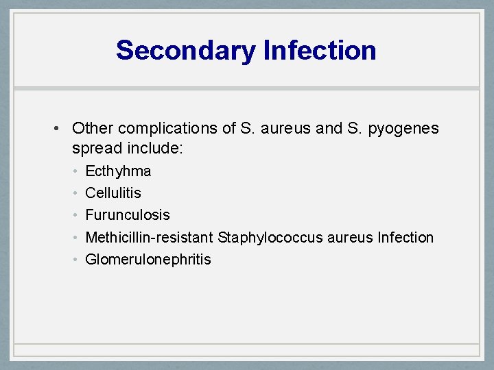 Secondary Infection • Other complications of S. aureus and S. pyogenes spread include: •