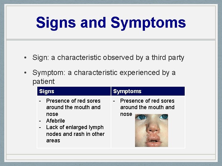 Signs and Symptoms • Sign: a characteristic observed by a third party • Symptom:
