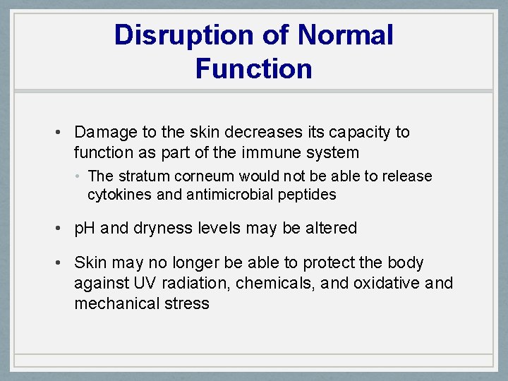 Disruption of Normal Function • Damage to the skin decreases its capacity to function