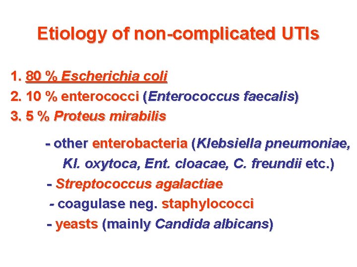 Etiology of non-complicated UTIs 1. 80 % Escherichia coli 2. 10 % enterococci (Enterococcus