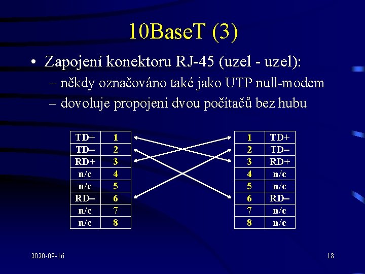 10 Base. T (3) • Zapojení konektoru RJ-45 (uzel - uzel): – někdy označováno