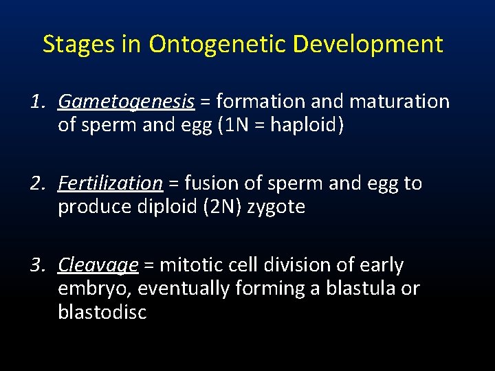 Stages in Ontogenetic Development 1. Gametogenesis = formation and maturation of sperm and egg