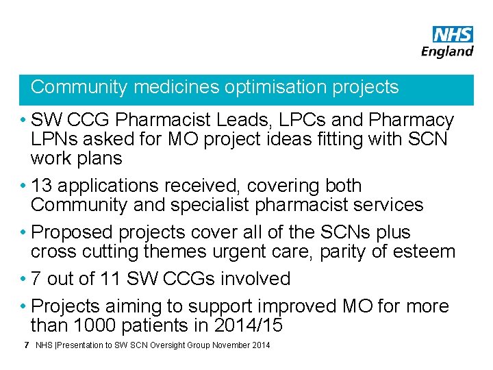 Community medicines optimisation projects • SW CCG Pharmacist Leads, LPCs and Pharmacy LPNs asked