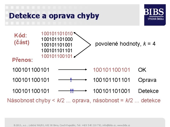 Detekce a oprava chyby Kód: (část) Přenos: 100101101010 10010110100101101101 100101100101 povolené hodnoty, k =