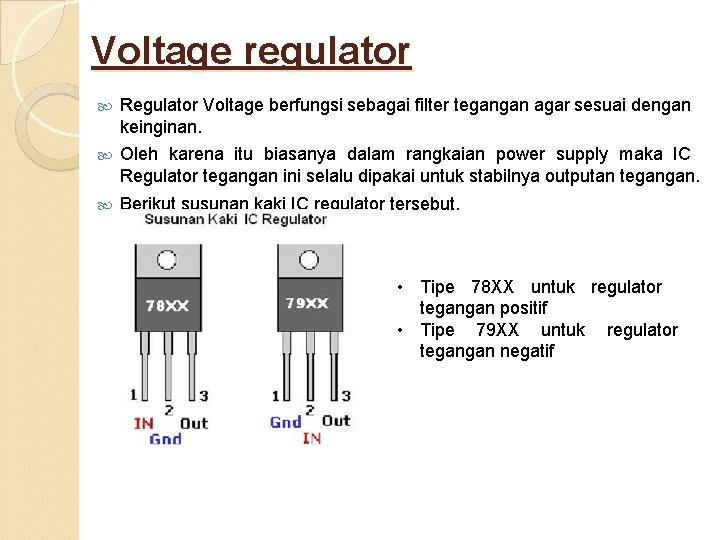 Voltage regulator Regulator Voltage berfungsi sebagai filter tegangan agar sesuai dengan keinginan. Oleh karena