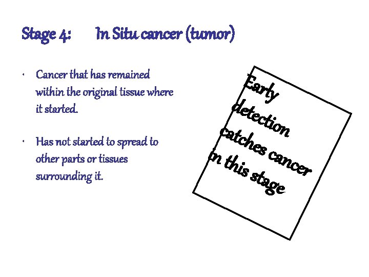 Stage 4: In Situ cancer (tumor) • Cancer that has remained within the original