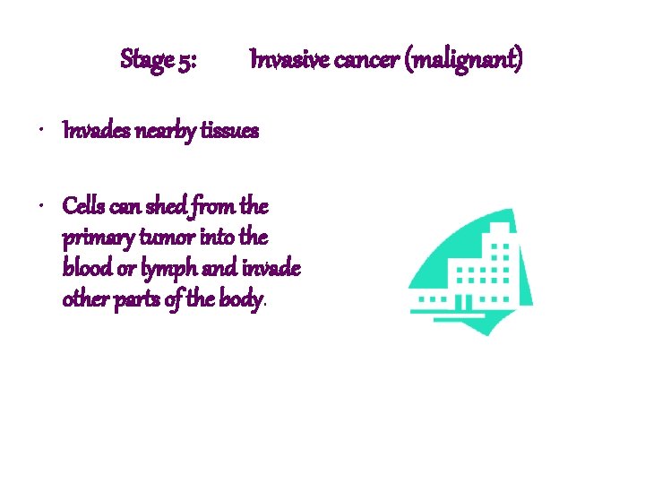 Stage 5: Invasive cancer (malignant) • Invades nearby tissues • Cells can shed from