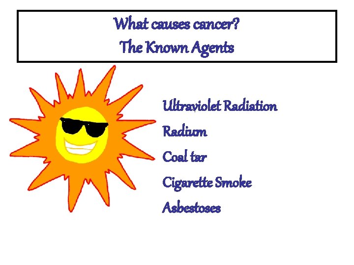 What causes cancer? The Known Agents Ultraviolet Radiation Radium Coal tar Cigarette Smoke Asbestoses