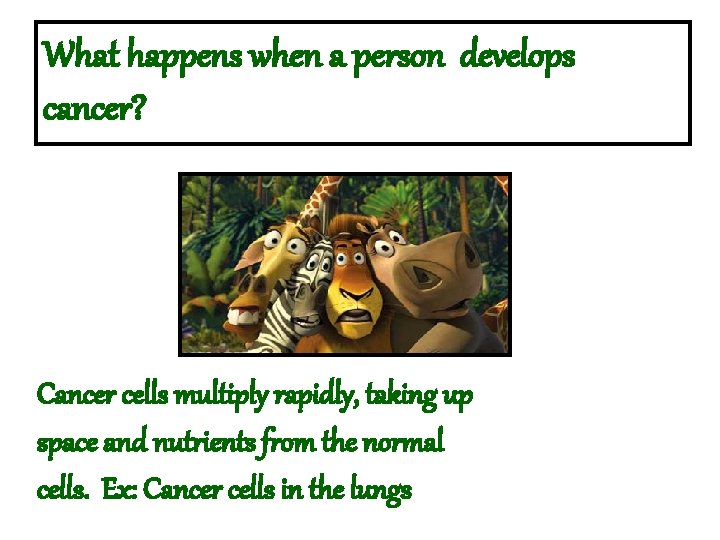 What happens when a person develops cancer? Cancer cells multiply rapidly, taking up space