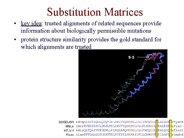 Substitution Matrices • key idea: trusted alignments of related sequences provide information about biologically