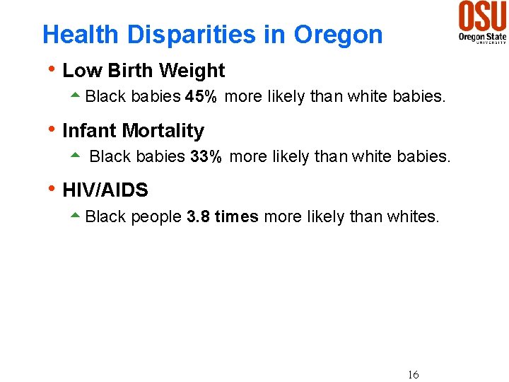 Health Disparities in Oregon h Low Birth Weight 5 Black babies 45% more likely