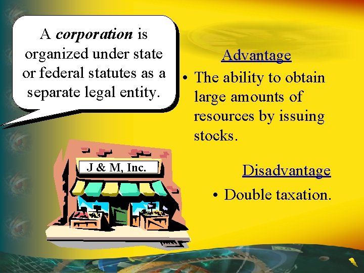 A corporation is organized under state or federal statutes as a separate legal entity.