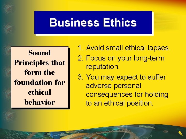 Business Ethics Sound Principles that form the foundation for ethical behavior 1. Avoid small