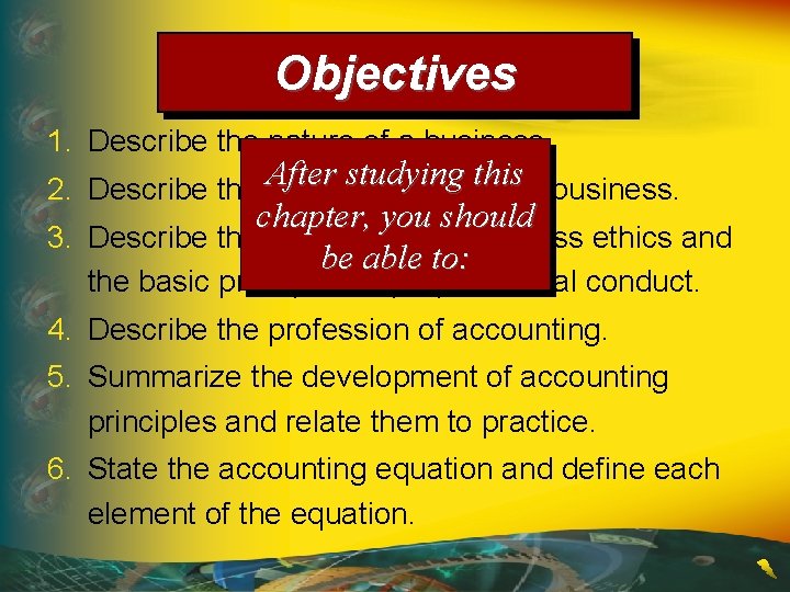 Objectives 1. Describe the nature of a business. thisin business. 2. Describe the After