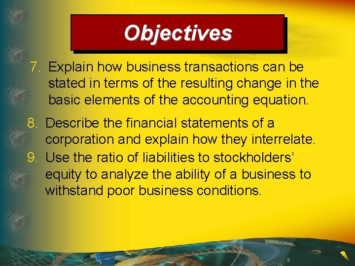 Objectives 7. Explain how business transactions can be stated in terms of the resulting