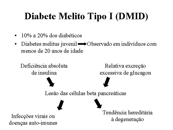 Diabete Melito Tipo I (DMID) • 10% a 20% dos diabéticos • Diabetes melitus