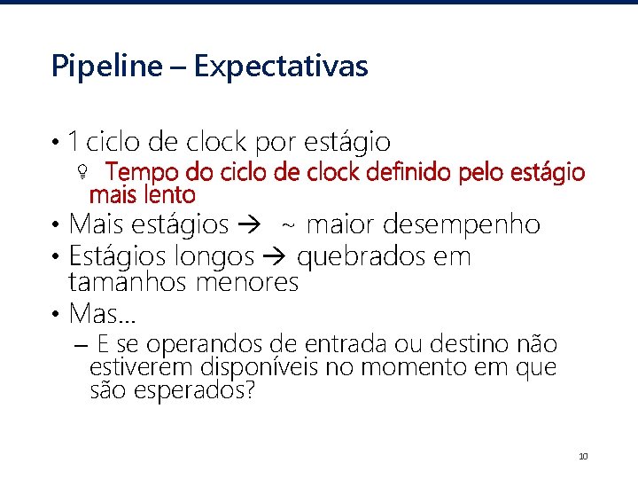 Pipeline – Expectativas • 1 ciclo de clock por estágio Tempo do ciclo de