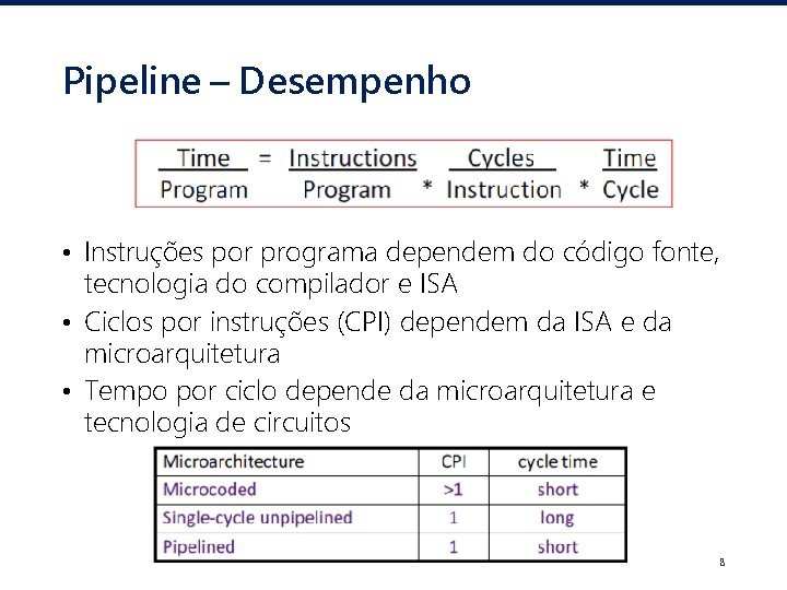 Pipeline – Desempenho • Instruções por programa dependem do código fonte, tecnologia do compilador