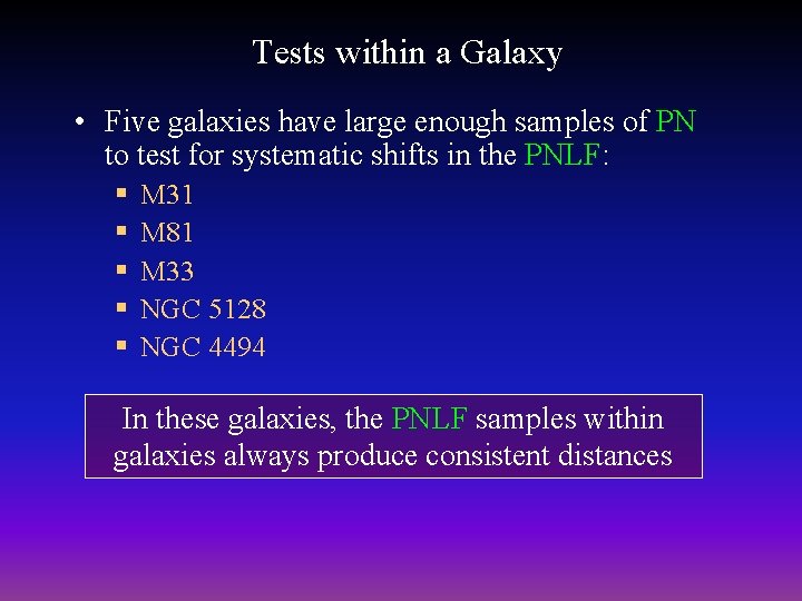 Tests within a Galaxy • Five galaxies have large enough samples of PN to